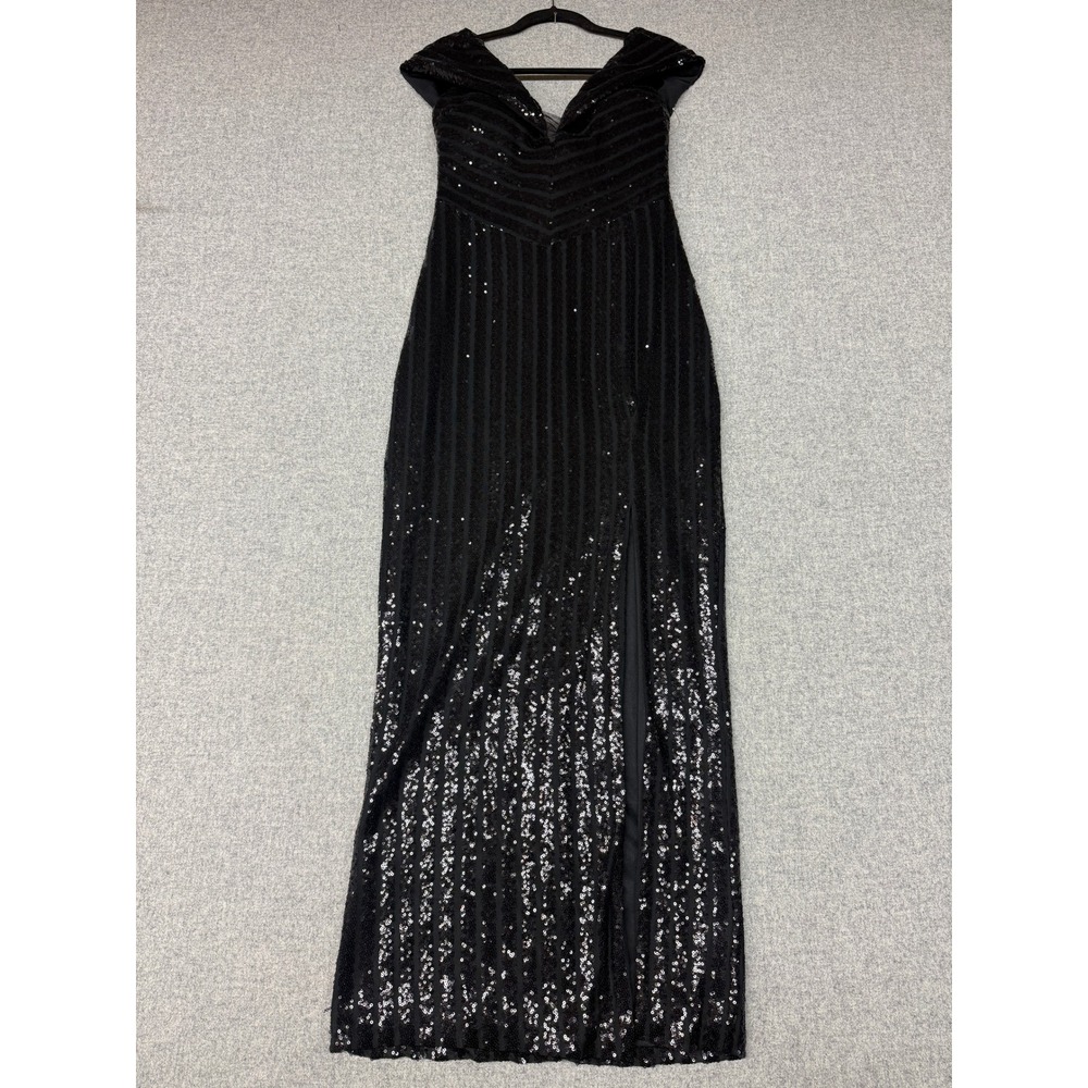 Miss Gown XL Black Sequin Off Shoulder High Slit Formal Evening Maxi Dress Strip